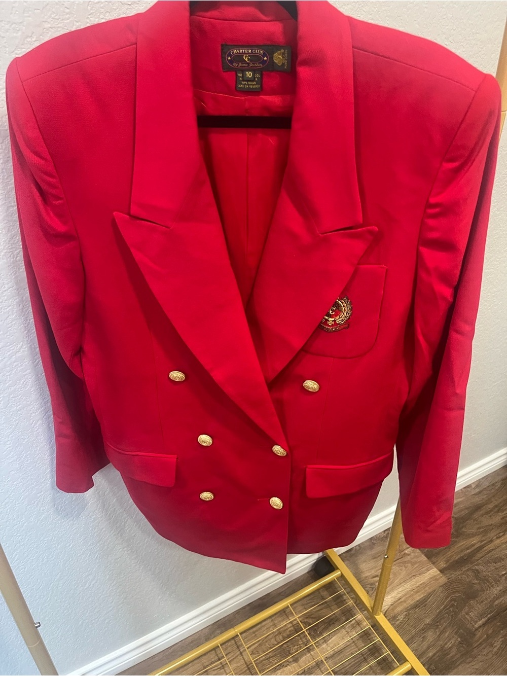 Vintage 80s Charter Club Jane Justin Red Wool Blazer 10 GoldCrest Buttons Preppy